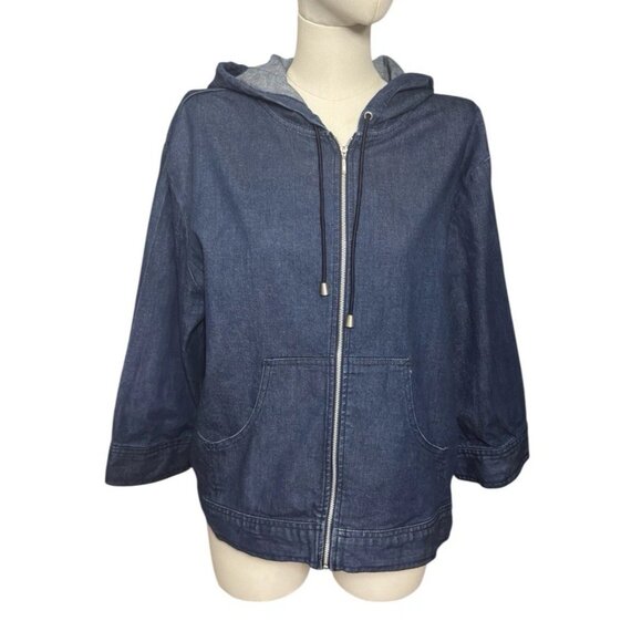 GAP Stretch Blue Denim Full Zip 3/4-Sleeve Hooded Jacket w/Pockets Women's Sz XL - Picture 1 of 7